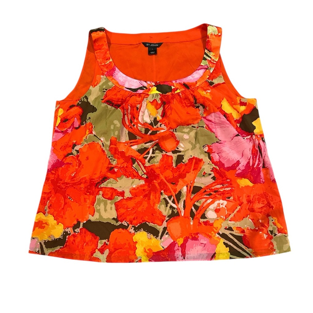 ST. JOHN SILK FLORAL LINED SLEEVELESS COLORFUL ORANGE PRINT BLOUSE TOP L - Picture 2 of 10